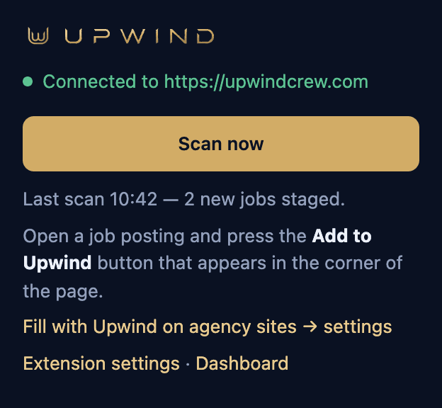 Upwind the extension's popup, connected (sample data)