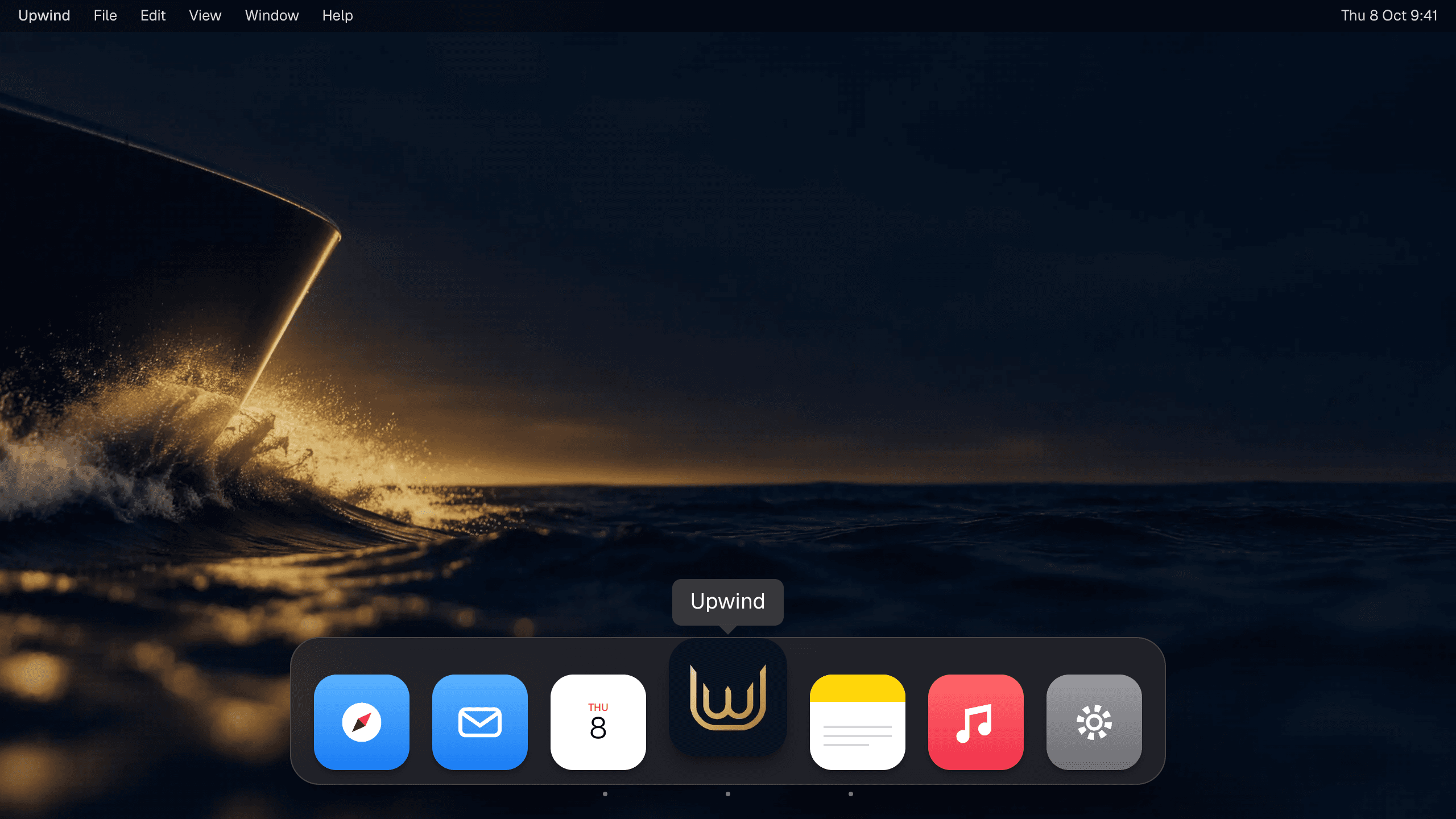 A Mac desktop with the Upwind icon in the Dock, its name showing above it