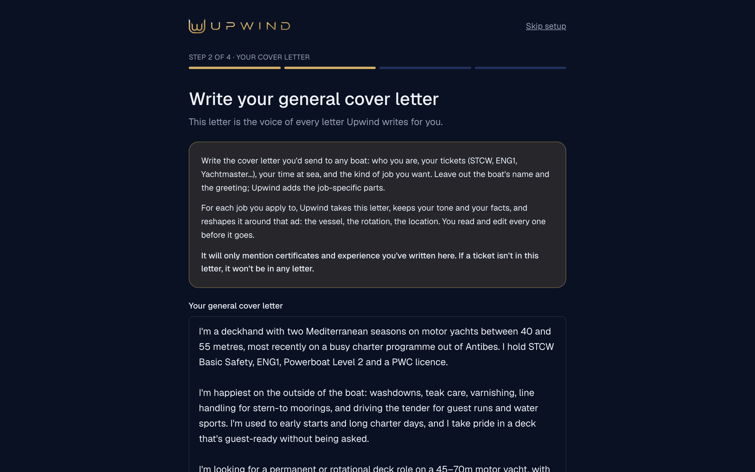 Upwind the setup page's cover letter step (sample data)