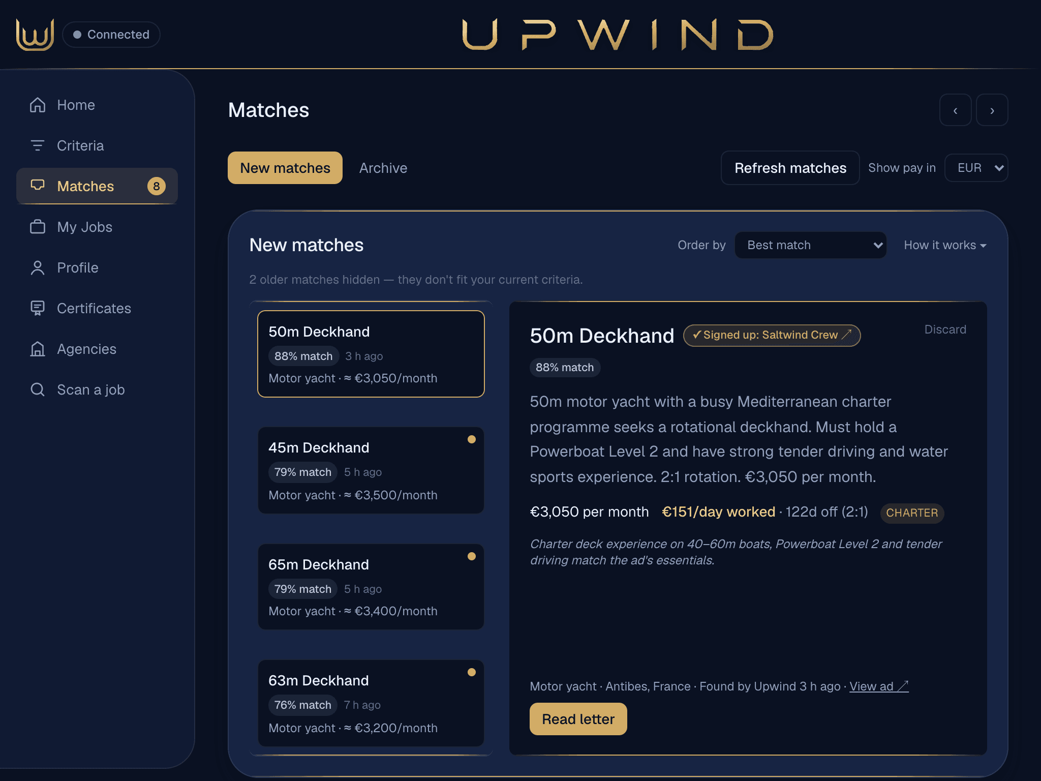 Upwind's Matches tab on an iPad (sample data)